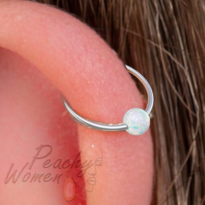 925 Silver Helix Ring Hoop With White Opal - 20G Cartilage Piercing Ring 8mm inner diameter