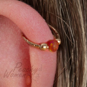 Hammered Cartilage Ring Hoop With Red Opal 20 Gauge - 14k Gold Filled Helix Earring - Ear Piercing Jewelry