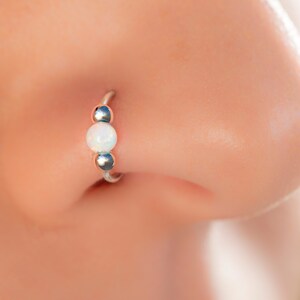 Sterling Silver Nose Ring 20G Piercing Nose Hoop - White Opal Nose Jewelry For Women Hypoallergenic 7mm