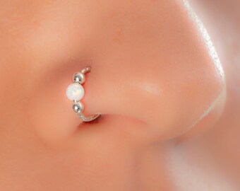 Silver Nose Ring 20 Gauge - Nose Piercing Jewelry With White Opal - Unisex Use Women Men - 8mm Diameter 0.3 Inches Nose Jewelry