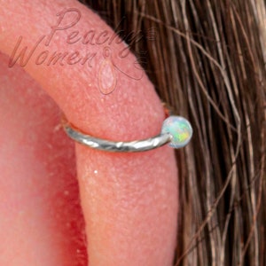 Hammered 925 Silver Helix Ring Hoop With White Opal - Hypoallergenic Cartilage Piercing Ring 20G - Handmade Ear Jewelry