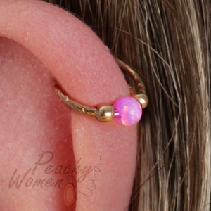 Pink Opal Helix Earring For Women - 20 Gauge Hammered 14k Gold Filled Cartilage Ring - Ear Piercing Jewelry