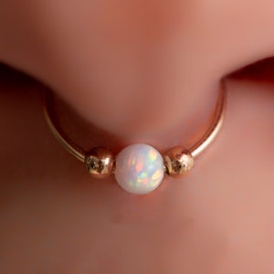 Septum Nose Ring - Gold Filled 20 Gauge Septum Piercing - 8mm Diameter 0.3 Inches Handmade Septum Ring White Opal - Hypo Septum Jewelry