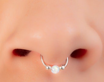 White Opal Septum Hoop Jewelry 20 Gauge - 925 Silver Septum Piercing - Thin Septum Hoop 8mm Tiny Septum Jewelry