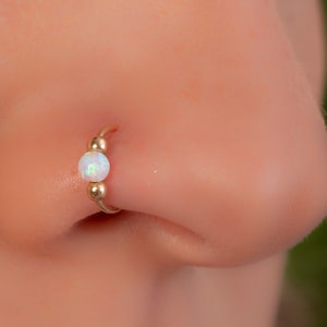 Opal Nose Ring 20 Gauge - 14k Gold Filled Nose Piercing Hoop With White Opal and Beads - Handmade & Adjustable