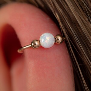 Cartilage Hoop Earring – 20 Gauge Gold Filled Helix Cartilage Piercing With White Opal - 20g Helix Ring Piercing - 8mm Cartilage Piercings