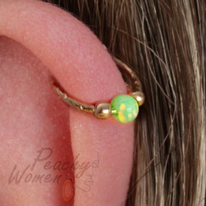 Pink Opal Helix Earring For Women - 20 Gauge Hammered 14k Gold Filled Cartilage Ring - Ear Piercing Jewelry