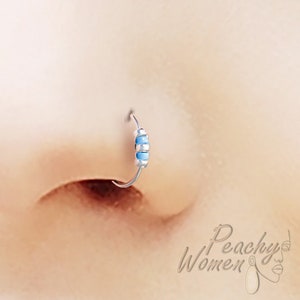 925 Silver Fake Nose Ring With Tiny Blue Beads - 24 Gauge Faux Nose Hoop No Piercing Needed - Clip on Nose Jewelry