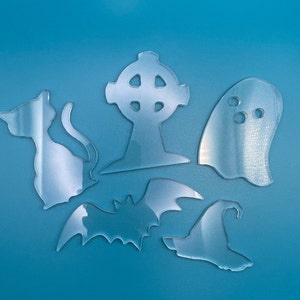 Halloween Blank Craft Shapes / 3mm Clear Acrylic / Hanging Ornaments / Decorations / Pk of 5 * Bat * Witches Hat * Tombstone * Cat * Ghost