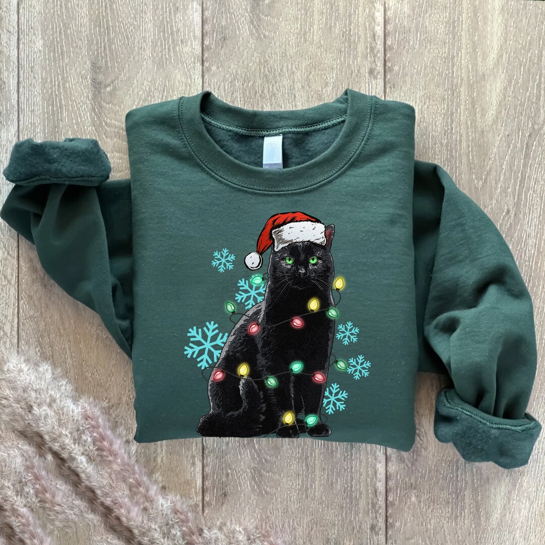 Christmas Black Cat Sweatshirt,christmas Lights Cat Sweater,cat Lover