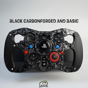May include: Black and gray carbon fiber-patterned racing wheel with black accents and colored buttons. The wheel has a PlayStation logo in the center and the text "BLACK CARBONFORGED AND BASIC" at the top.