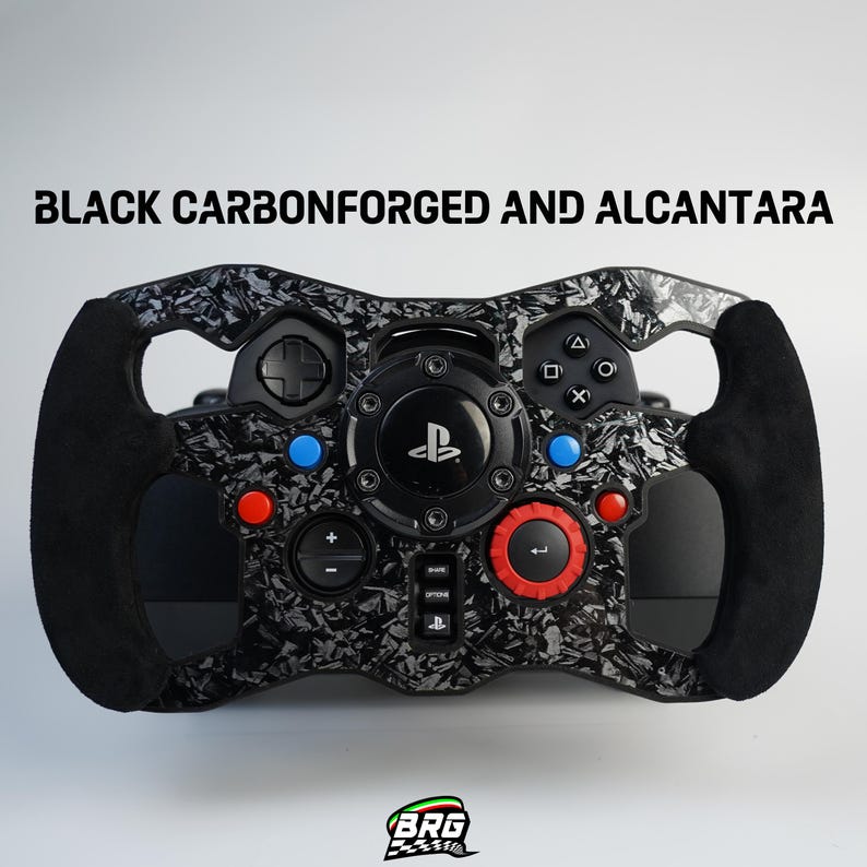 May include: Black carbon fiber and Alcantara steering wheel with black suede grips. The wheel features multiple buttons, a directional pad, and a central PlayStation logo. The text "BLACK CARBONFORGED AND ALCANTARA" is displayed above the wheel.