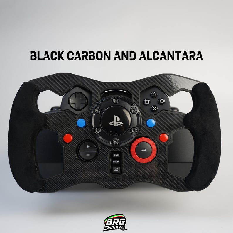 May include: Black carbon fiber and Alcantara steering wheel with red, blue, and black buttons. The wheel has a PlayStation logo in the center and is designed for gaming. The text "BLACK CARBON AND ALCANTARA" is displayed above the wheel.