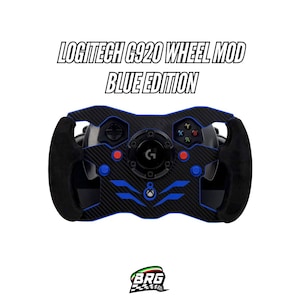 May include: A Logitech G920 wheel mod, Blue Edition, featuring a black and blue design. The wheel has a carbon fiber pattern with blue accents, black suede grips, and red and blue buttons. The Xbox logo is visible.