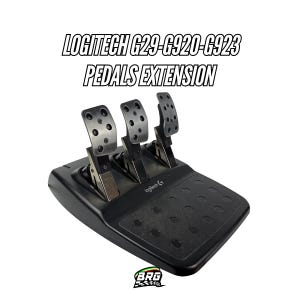 May include: Black Logitech G29-G920-G923 pedals extension. The pedals have a silver finish and are mounted on a black base. The text "LOGITECH G29-G920-G923 PEDALS EXTENSION" is displayed at the top of the image.