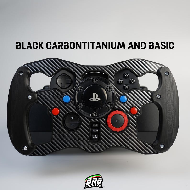 May include: Black carbon fiber and black steering wheel with red, blue, and black buttons. The steering wheel has the text "BLACK CARBONTITANIUM AND BASIC" at the top. The PlayStation logo is in the center.