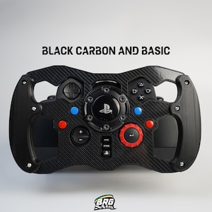 May include: Black carbon fiber steering wheel with red and blue buttons, and the text "BLACK CARBON AND BASIC". The wheel has a PlayStation logo in the center and a textured design.