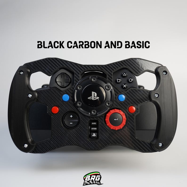 May include: Black carbon fiber steering wheel with red and blue buttons, and the text "BLACK CARBON AND BASIC". The wheel has a PlayStation logo in the center and a textured design.