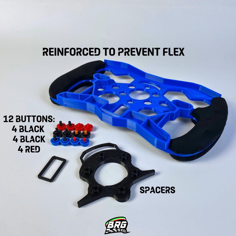 May include: A blue steering wheel with black grips and the text "REINFORCED TO PREVENT FLEX." Includes 12 buttons (4 black, 4 black, 4 red), spacers, and a logo. The steering wheel is designed for enhanced performance.