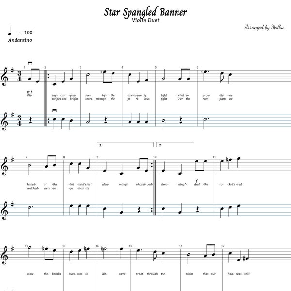 STAR SPANGLED BANNER Notendruck für Violine Flöte Duett Anfänger