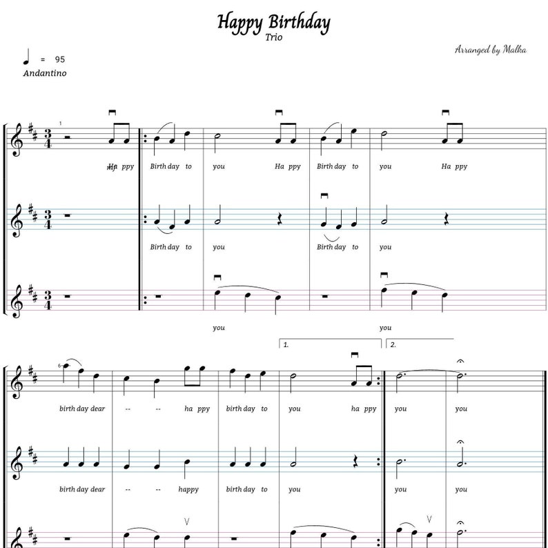 HAPPY BIRTHDAY TO You Sheet Music Score for Violin Flute Trio Duet