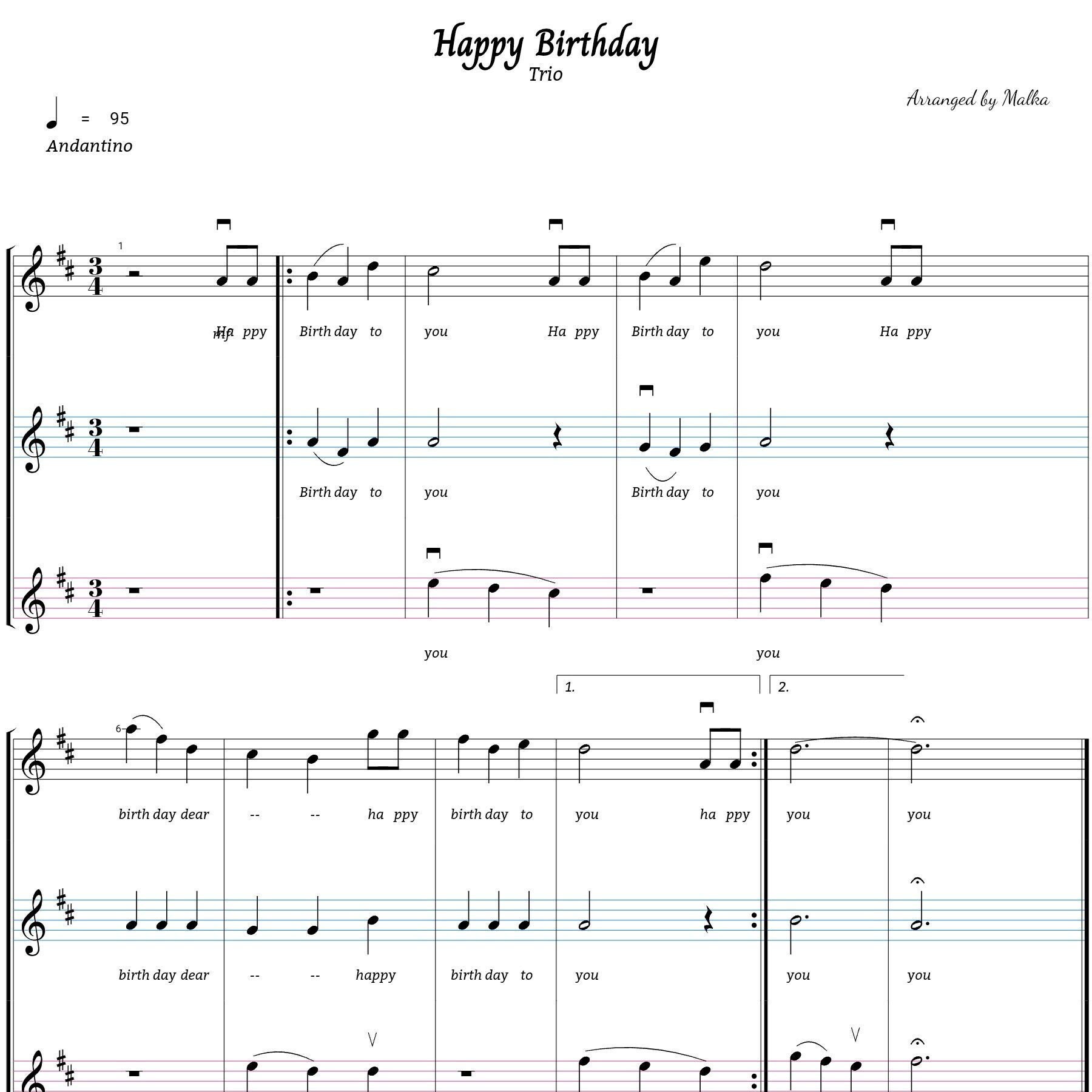 HAPPY BIRTHDAY TO you sheet music score for violin flute trio duet simple