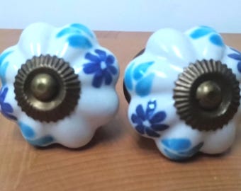 2 Ceramic Drawer Knob Handmade Blue & White Aqua Knobco Boho, Ethnic x 2