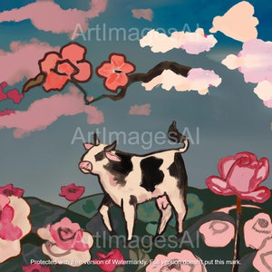 Poster: Cow in the Flower Field Digital Download