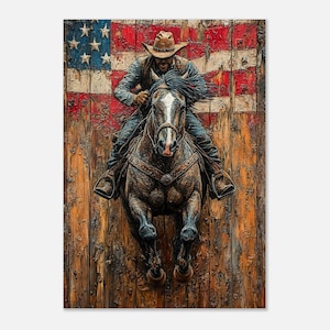 木版画 - 大胆。愛国心あふれる。時代を超越した。全速力で疾走するアメリカのカウボーイ