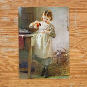Petit déjeuner de Kitty - carte postale d'art vintage d'une peinture de Mlle Emily Farmer | Non voyagée | Publié par The Medici Society Ltd.
