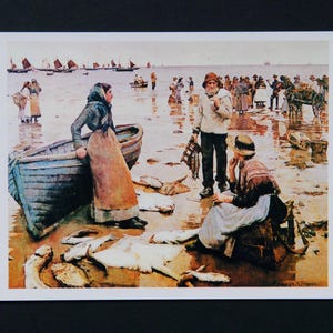 Carte postale vintage d'art représentant la peinture Fish Sale sur une plage de Cornouailles en 1885 par Stanhope A Forbes | Postale non utilisée