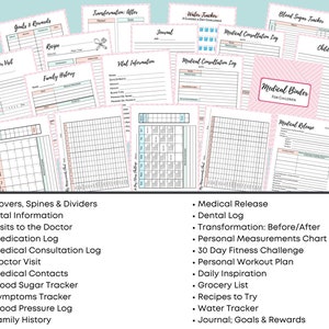 Op de afbeelding: Een verzameling afdrukbare pagina's voor een medische map voor kinderen. De pagina's bevatten secties voor vitale informatie, doktersbezoeken, medicijnlogboeken, medische consulten, bloedsuikerbewaking, symptoombewaking, bloeddruklogboeken, familiegeschiedenis, tandheelkundige logboeken, transformaties, persoonlijke metingen, fitnessuitdagingen, trainingsschema's, dagelijkse inspiratie, boodschappenlijstjes, recepten, waterbewaking en doelen en beloningen.