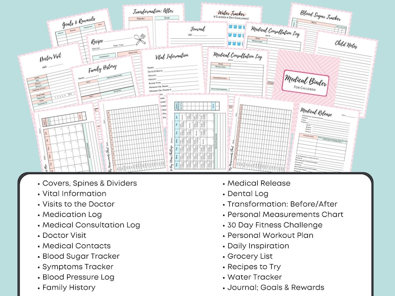 Op de afbeelding: Een verzameling afdrukbare pagina's voor een medische map voor kinderen. De pagina's bevatten secties voor vitale informatie, doktersbezoeken, medicijnlogboeken, medische consulten, bloedsuikerbewaking, symptoombewaking, bloeddruklogboeken, familiegeschiedenis, tandheelkundige logboeken, transformaties, persoonlijke metingen, fitnessuitdagingen, trainingsschema's, dagelijkse inspiratie, boodschappenlijstjes, recepten, waterbewaking en doelen en beloningen.