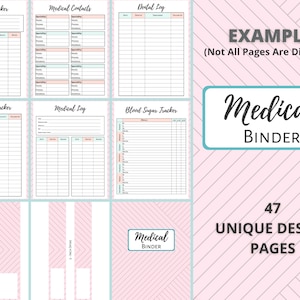 Op de afbeelding: Een roze en witte achtergrond met patronen en voorbeelden van pagina's uit een medische binder. De pagina's bevatten secties voor een groeitracker, medische contacten, een tandartslogboek, een symptoomtracker, een medisch logboek en een bloedsuikertracker. De tekst "Medical Binder" en "47 Unique Design Pages" is ook in de afbeelding opgenomen.