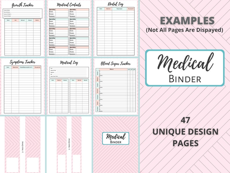 Op de afbeelding: Een roze en witte achtergrond met patronen en voorbeelden van pagina's uit een medische binder. De pagina's bevatten secties voor een groeitracker, medische contacten, een tandartslogboek, een symptoomtracker, een medisch logboek en een bloedsuikertracker. De tekst "Medical Binder" en "47 Unique Design Pages" is ook in de afbeelding opgenomen.
