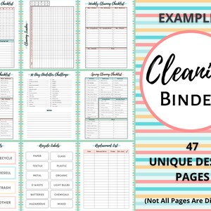 K&ouml;nnte beinhalten: Ein druckbarer Reinigungsordner mit 47 einzigartigen Designseiten. Der Einband zeigt einen bunten gestreiften Hintergrund mit dem Text "Cleaning Binder" in einem Kreis. Die Seiten enthalten Checklisten f&uuml;r die t&auml;gliche, w&ouml;chentliche und Fr&uuml;hjahrsputz sowie eine 30-Tage-Entr&uuml;mpelungsherausforderung, Sortieretiketten und eine Ersatzliste.