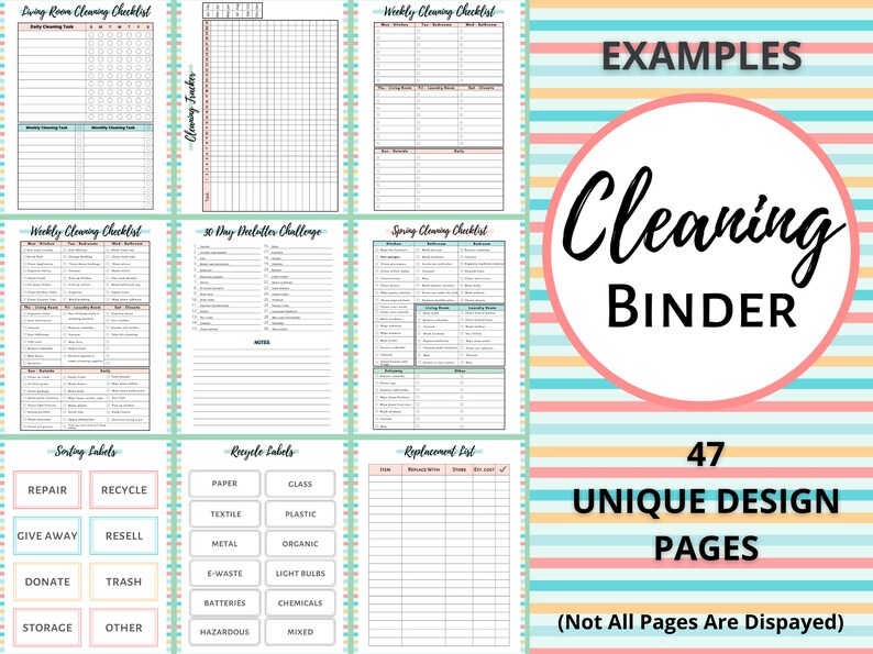 K&ouml;nnte beinhalten: Ein druckbarer Reinigungsordner mit 47 einzigartigen Designseiten. Der Einband zeigt einen bunten gestreiften Hintergrund mit dem Text "Cleaning Binder" in einem Kreis. Die Seiten enthalten Checklisten f&uuml;r die t&auml;gliche, w&ouml;chentliche und Fr&uuml;hjahrsputz sowie eine 30-Tage-Entr&uuml;mpelungsherausforderung, Sortieretiketten und eine Ersatzliste.