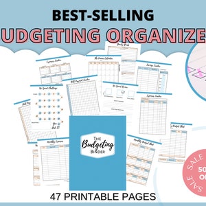May include: A blue binder with the text "The Budgeting Binder" on the front. The binder is surrounded by 47 printable pages for budgeting, including expense trackers, savings trackers, and monthly budget sheets. The text "47 Printable Pages" is at the bottom of the image.