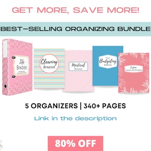May include: An image showing five colourful organizing binders, including "Life Binder" and "Cleaning Binder." The text reads "Best-Selling Organizing Bundle" and "5 ORGANIZERS | 340+ PAGES." The image also includes the text "Link in the description."