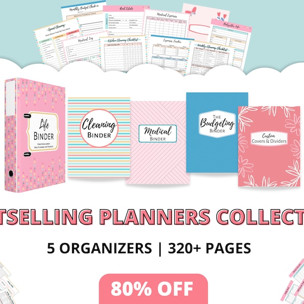 Printable Household Binder, 5 in 1 Organizing Bundle, Cleaning, Life , Medical, Financial Budgeting, Covers & Dividers