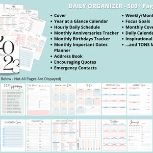 May include: A collage of pages from a 2023 daily planner with a pink and blue color scheme. The planner includes pages for daily, weekly, and monthly goals, as well as pages for birthdays, holidays, and important dates. The planner also includes a cover page with the text "Daily Planner 2023".