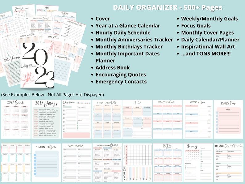 May include: A collage of pages from a 2023 daily planner with a pink and blue color scheme. The planner includes pages for daily, weekly, and monthly goals, as well as pages for birthdays, holidays, and important dates. The planner also includes a cover page with the text "Daily Planner 2023".