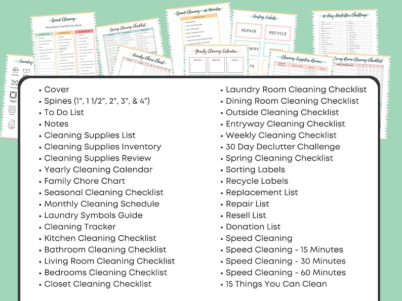K&ouml;nnte beinhalten: Ein farbenfrohes Checklisten-Set f&uuml;r die Organisation und Reinigung des Hauses. Die Checklisten beinhalten Titel wie "Schnellreinigung - 15 Minuten", "Fr&uuml;hjahrsputz-Checkliste" und "Familien-Hausaufgabenplan".