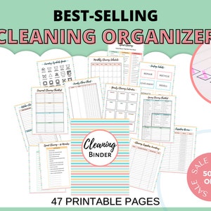 May include: A printable cleaning organizer binder with 47 pages. The pages are organized into sections with titles like "Monthly Cleaning Schedule", "Spring Cleaning Checklist", and "Cleaning Supplies Inventory". The binder cover is striped in pink, yellow, and blue. The text "Cleaning Binder" is in a circle on the cover.