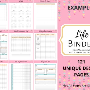 May include: A pink and white Life Binder with 121 unique design pages for home management, meal planning, and finances. Pages include sections for books to read, a 2023 calendar, movies to watch, and more.