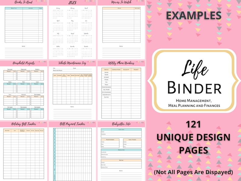 May include: A pink and white Life Binder with 121 unique design pages for home management, meal planning, and finances. Pages include sections for books to read, a 2023 calendar, movies to watch, and more.