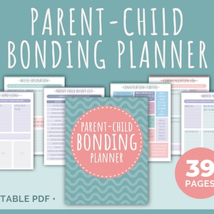 Könnte beinhalten: Ein druckbarer PDF-Planer mit einem türkisfarbenen und rosafarbenen Cover mit dem Text "Parent-Child Bonding Planner". Der Planer enthält Abschnitte für Musikexploration, kreative Ausdrücke, Gesprächsanfänger, Kommunikationslogbuch und eine Eltern-Kind-Bucket-Liste.