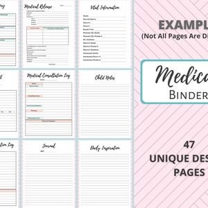 Op de afbeelding: Een printbare medische map met 47 unieke ontwerppagina's. De pagina's bevatten secties voor familiegeschiedenis, medische vrijgave, vitale informatie, doktersbezoek, medisch consultatiejournaal, notities voor kinderen, dagboek en dagelijkse inspiratie. De pagina's zijn ontworpen met een roze en wit chevron-patroon.