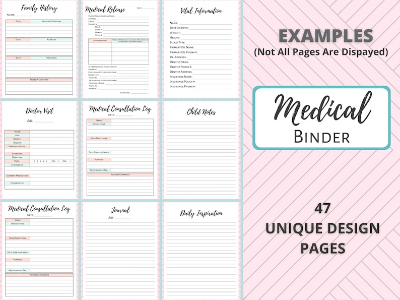 Op de afbeelding: Een printbare medische map met 47 unieke ontwerppagina's. De pagina's bevatten secties voor familiegeschiedenis, medische vrijgave, vitale informatie, doktersbezoek, medisch consultatiejournaal, notities voor kinderen, dagboek en dagelijkse inspiratie. De pagina's zijn ontworpen met een roze en wit chevron-patroon.