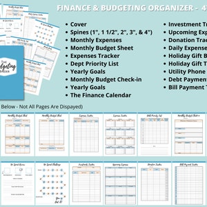 May include: A printable budgeting binder with 47 pages, including a cover, spines, monthly expenses, monthly budget sheet, expenses tracker, department priority list, yearly goals, monthly budget check-in, yearly goals, and a finance calendar. The binder also includes pages for investment tracker, upcoming expenses, donation tracker, daily expenses tracker, holiday gift budget, holiday gift tracker, utility phone numbers, debt payment tracker, and bill payment tracker.